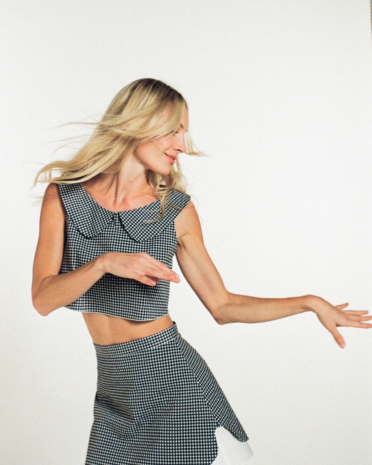 Zhiggie Romy Skort in navy gingham, film photograph