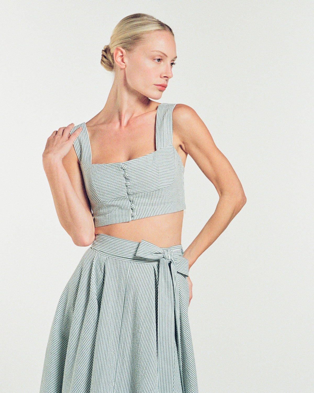Zhiggie Acacia Top in sage stripes, film photograph
