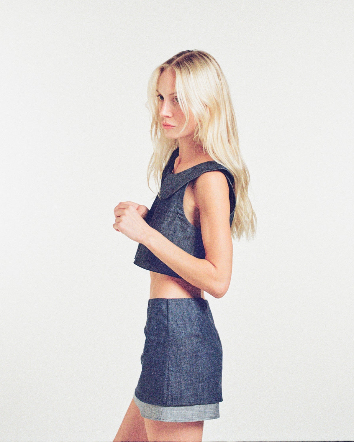 Zhiggie Gabriella Top in indigo denim, film photograph